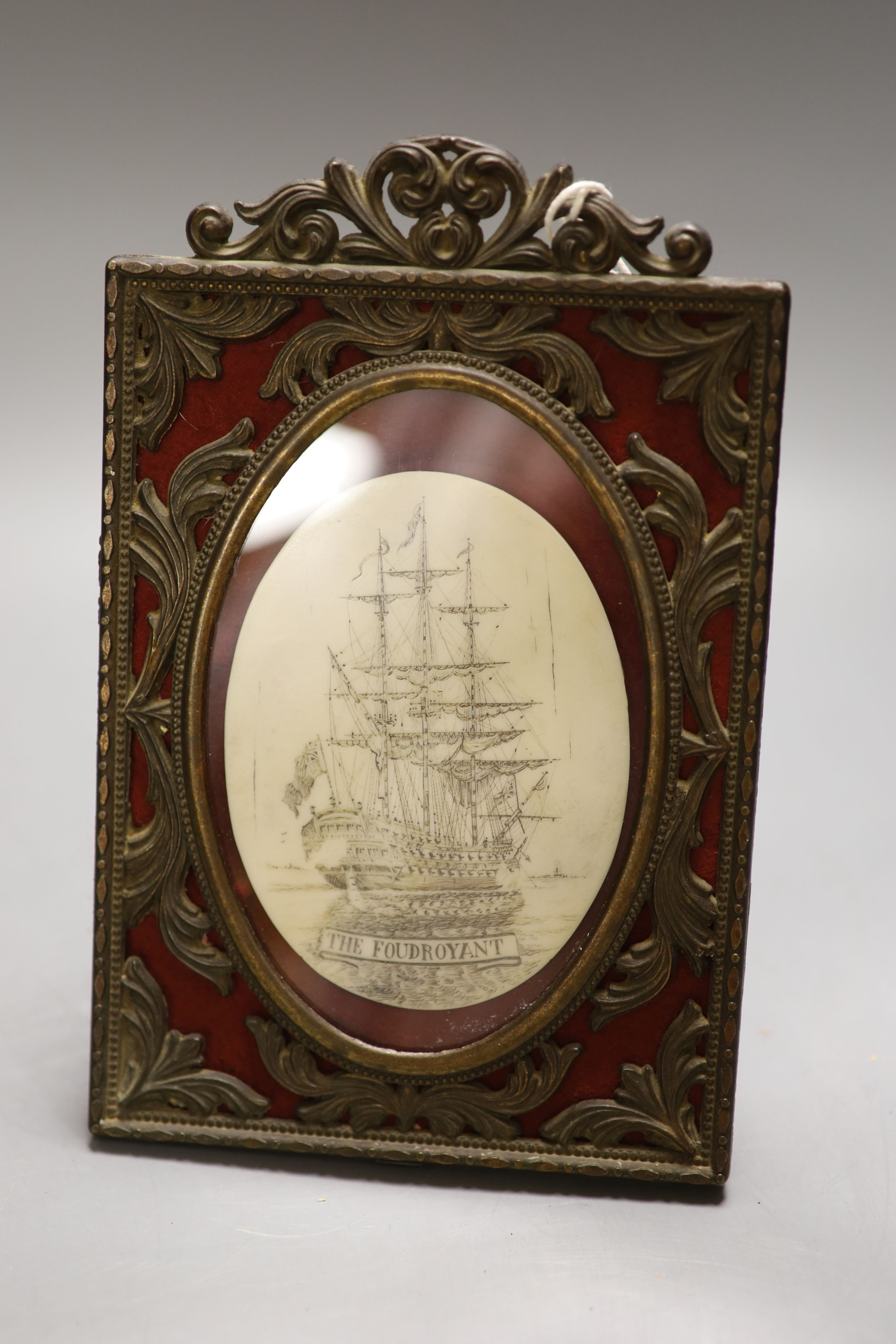 A pair of simulated scrimshaw panels, Victory and Foudroyant, in frames